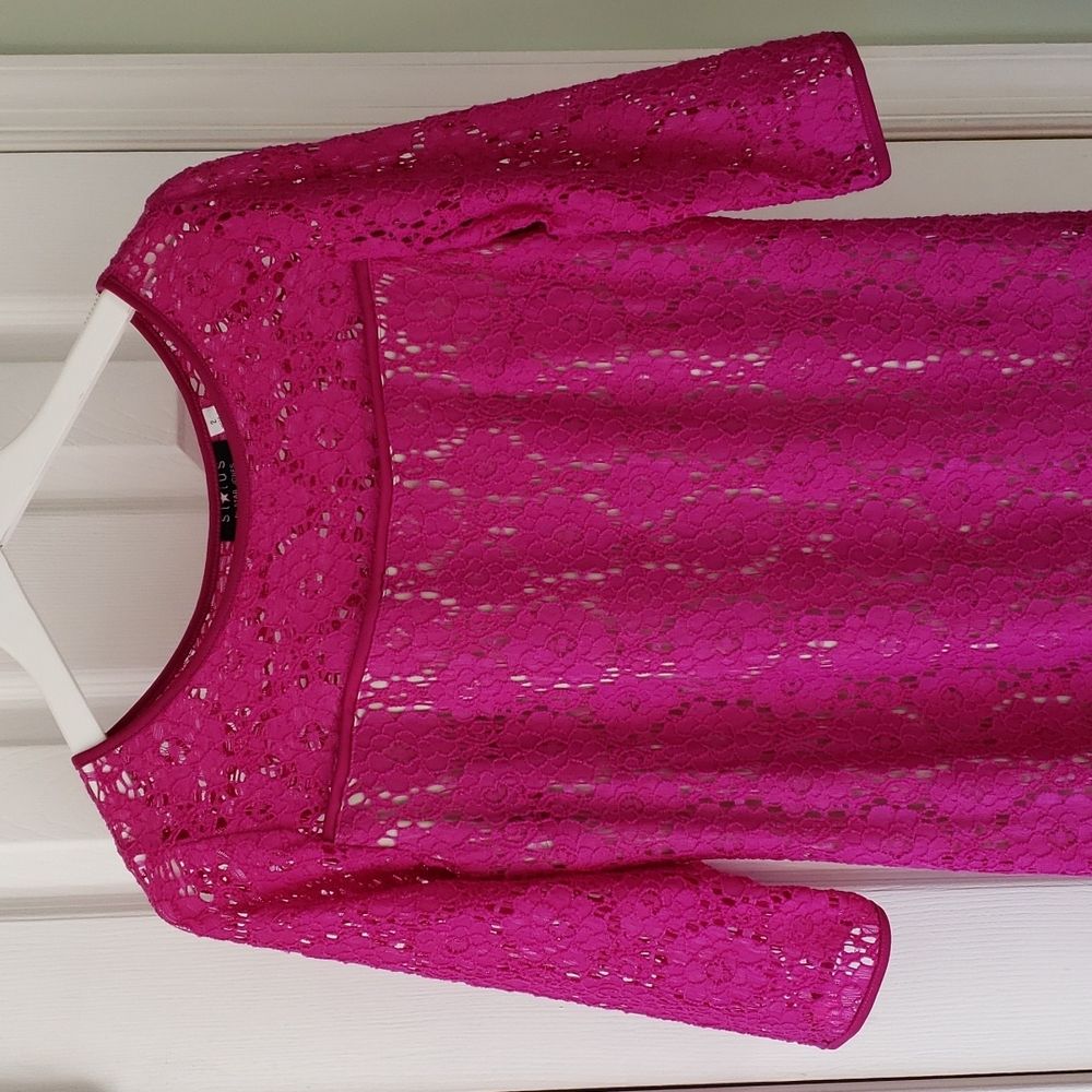 Status by Star Jones Elbow Sleeve Purple Overlay Lace Dress - Picture 7 of 8